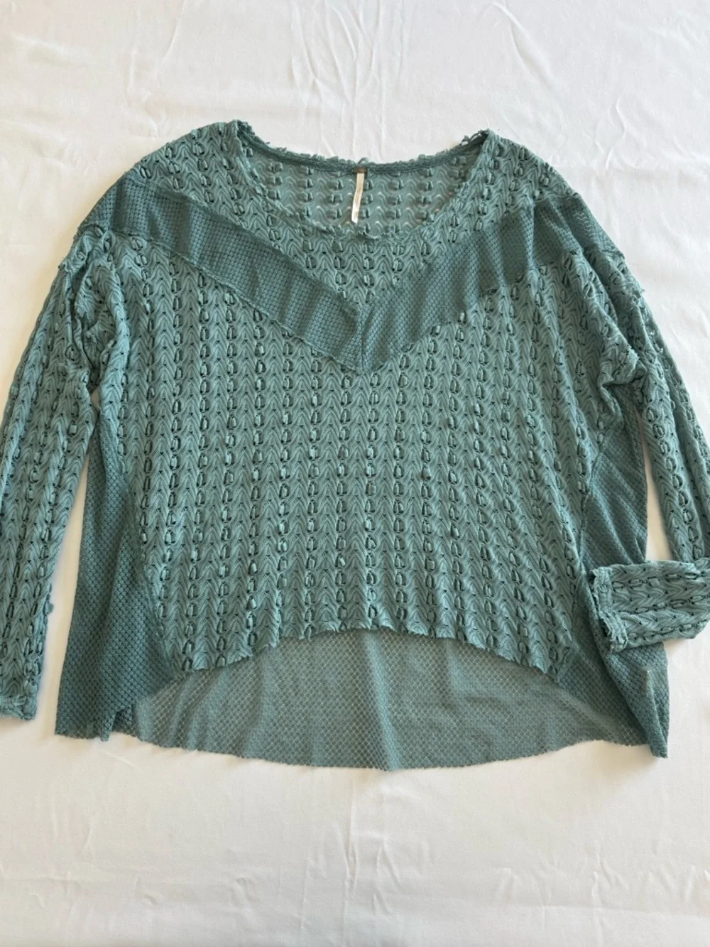 Free People Teal Mesh and Lace Knit Long Sleeve Top